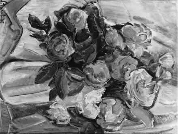 Bouquet De Roses Rouges Huile Sur Isorel Signee En Bas A Gauche - view 1
