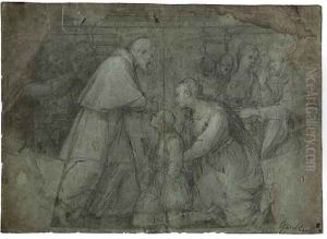 A Saint Restoring The Sight Of A Kneeling Child Design For A Compartment Of A Cupola by Florentine School