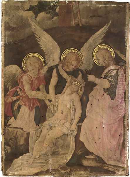 The body of Christ supported by two angels, Saint John the Evangelist to the right - view 1