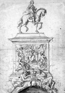 An Admiral on horseback on a pedestal decorated with reliefs and river gods An Admiral on horseback on a pedestal decorated with reliefs and river gods