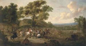 An extensive landscape wtih a cavalry battle, a church beyond by Flemish School