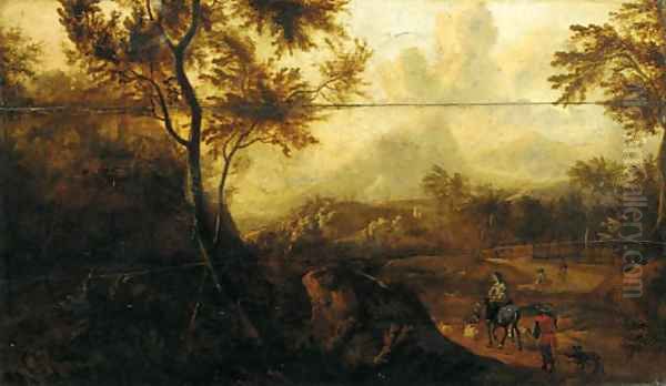 Travellers on a track by a hillside town - view 1