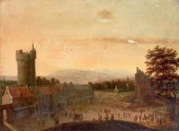 A crowded town square with a castle tower beyond - view 1