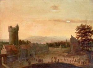 A crowded town square with a castle tower beyond by Flemish School