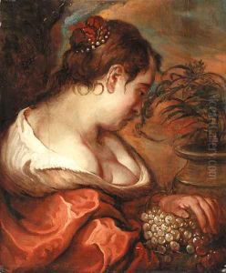 A woman holding a bunch of grapes by Flemish School