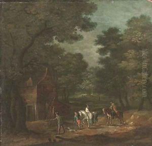 A wooded landscape with hunters by a cottage by Flemish School