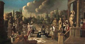 Elegant Hunting Parties resting by a rocky Stream and merrymaking in the grounds of an ornamental Garden by a Villa by Flemish School