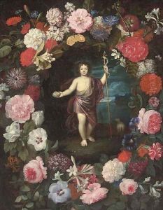 Saint John the Baptist in a floral cartouche by Flemish School