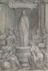 A scene of mourning Female figures including the Muses surrounding a draped figure standing on an altar by Flemish School