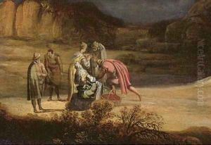 A woman selling fruit in a landscape at night by Flemish School