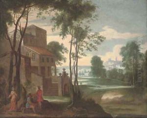 A wooded landscape with figures by a country house by Flemish School