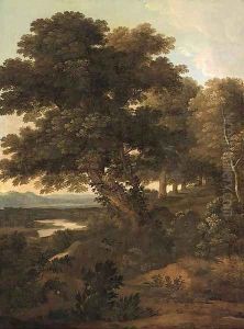 A wooded river valley landscape by Flemish School