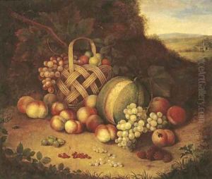 Bunches of grapes and lemons in a basket with peaches
