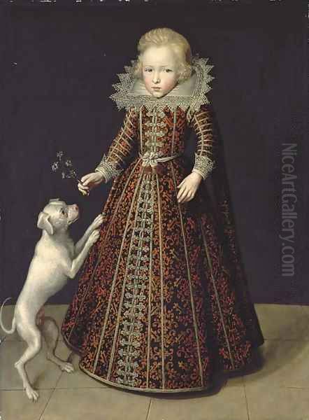 Portrait of a young boy, full-length, in a black dress with red brocade and a lace collar and cuffs - view 1