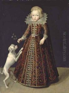 Portrait of a young boy, full-length, in a black dress with red brocade and a lace collar and cuffs