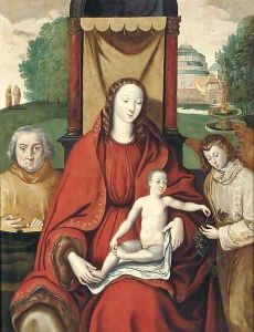 The Virgin and Child with an angel and a donor, a castle beyond by Flemish School