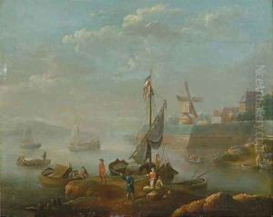 A river estuary with boats, a windmill beyond by Flemish School