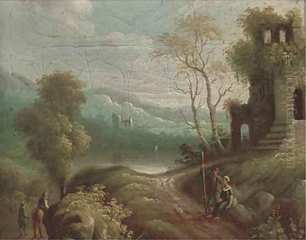 A river landscape with peasants on a path - view 1