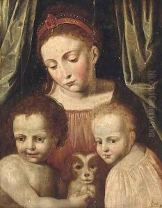 A woman and two children with a dog by Flemish School