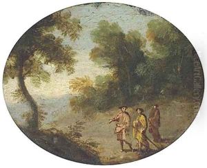A wooded landscape with travellers on a path by Flemish School