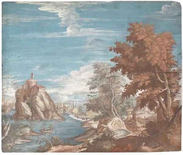 An extensive river landscape, a church to the left - view 1