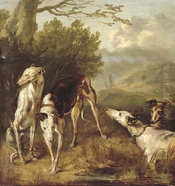 Four greyhounds in a wooded landscape - view 1