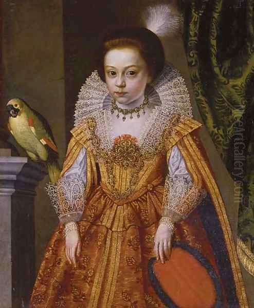 Portrait of a lady, three-quarter-length, in an elaborate jeweled dress holding a feather fan - view 1