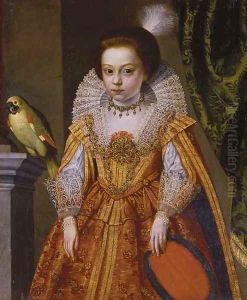 Portrait of a lady, three-quarter-length, in an elaborate jeweled dress holding a feather fan by Flemish School
