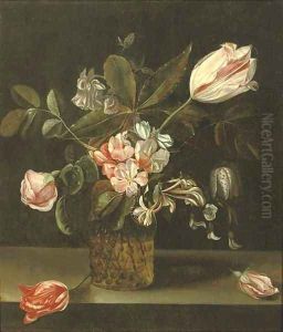 Roses, tulips and other flowers in a glass vase by Flemish School