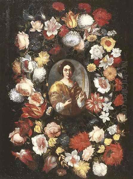 Roses, tulips, narcissi, carnations and other flowers in a garland surrounding a medallion of a female Saint - view 1