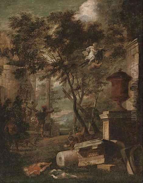 Soldiers fleeing a burning classical building in a landscape - view 1