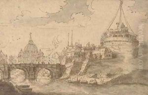 The Castel Sant'Angelo and Saint Peter's, Rome, seen from the Tiber by Flemish School