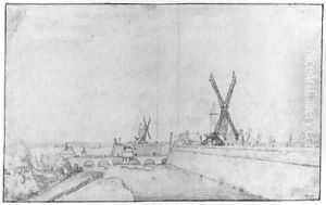 The North Walls of Antwerp, with Windmills on the Ramparts near the North Gate by Flemish School
