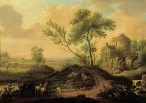 Travellers on a path by a mansion in a landscape, at sunset by Flemish School