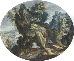 A mountainous landscape with a hermit at prayer by Flemish School
