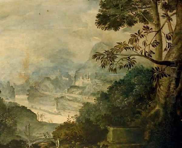A mountainous river landscape with loggers - view 1