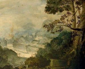 A mountainous river landscape with loggers