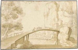 A narrow bridge over a river, a town beyond