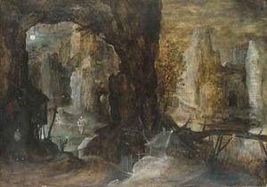 A nocturnal landscape with Saint Christopher and a hermit by Flemish School