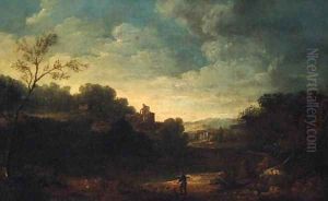 An extensive landscape with a peasant on a track, a ruin beyond