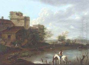 Figures, horses and cattle in an extensive landscape below a ruined fortress