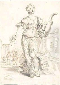 Fortune holding a cornucopia in a landscape, with figures in the background, a pomegranate to the right by Flemish School