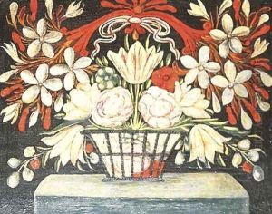 A basket of flowers on a ledge by Lombard School