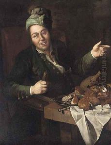 A man eating and drinking at a partly-draped table in an interior by Lombard School