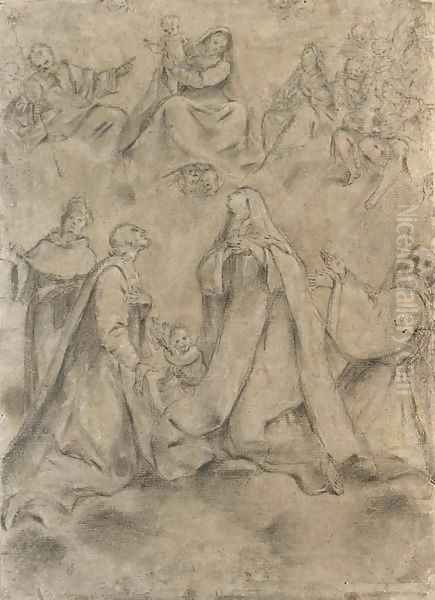 The Madonna and Child with Saint Joseph and angels appearing to a cardinal, a prelate, a Benedictine nun and a Carthusian saint, above the towers of a - view 1