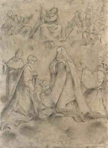 The Madonna and Child with Saint Joseph and angels appearing to a cardinal, a prelate, a Benedictine nun and a Carthusian saint, above the towers of a by Lombard School