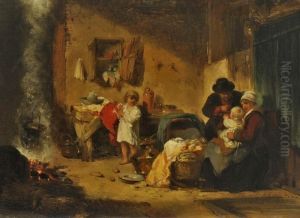 Interieur Mit Bauernpaar Und Zwei Kleinen Kindern