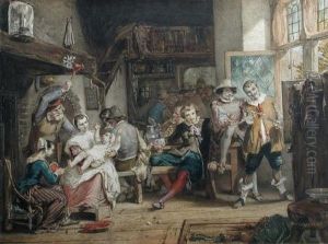 An Artist Painting In A Tavern Whilst A Mother Tends Her Baby