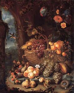 A basket of grapes and other fruit by Hendrick Schoock