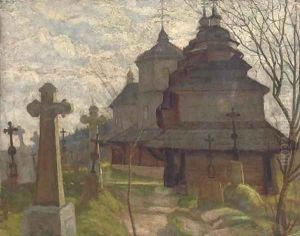 Before a Russian church by Russian School